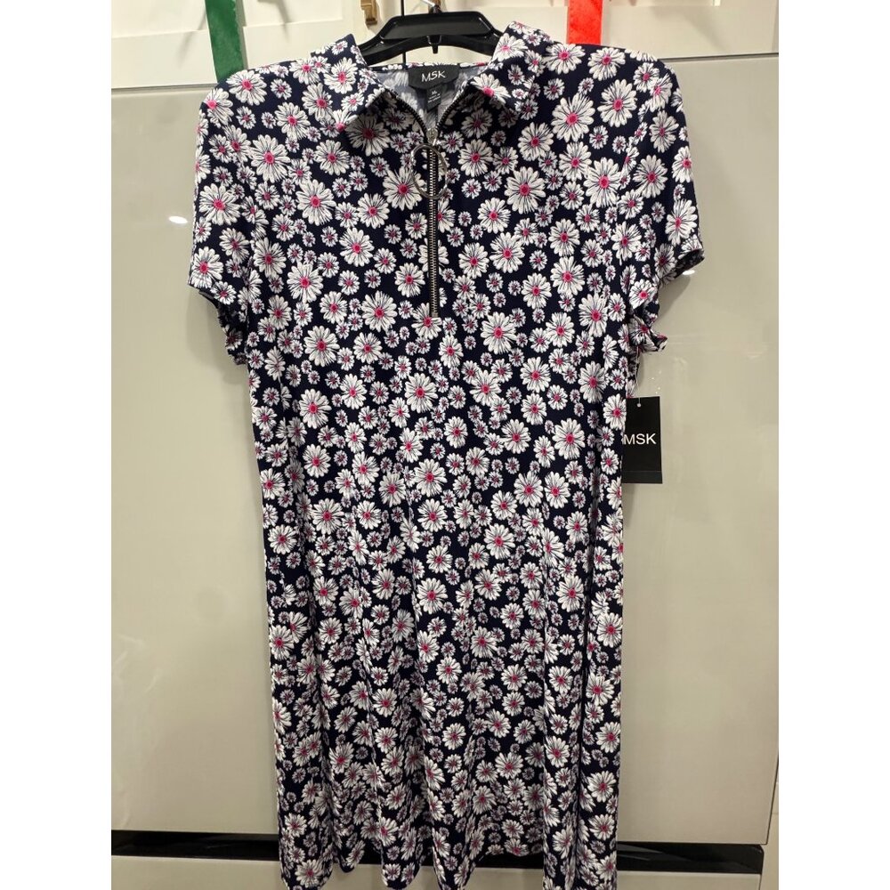 MSK Womens Navy Floral Print Polo Collar Dress XL Short Sleeve Zipper Front Casu - Picture 4 of 6